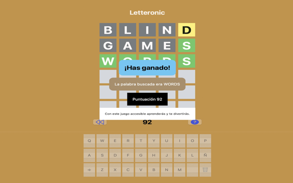 Captura de pantalla de Letteronic accesible para Mac mostrando una partida ganada