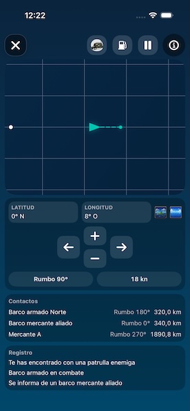 Pantalla del juego en la que se muestra el mapa táctico del océano Atlántico en la que se mueven los barcos